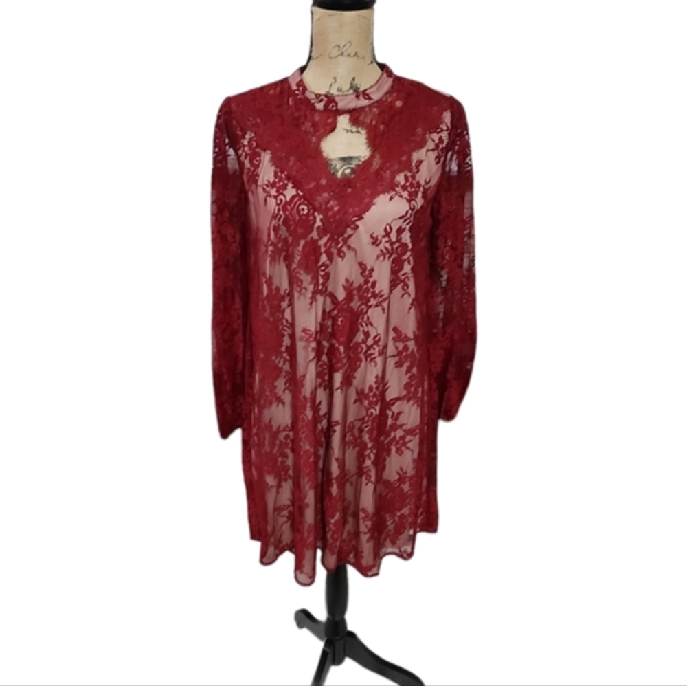 Andre by Unit‎ Nude & Burgundy Red Lace Swing Skater Party Mini Dress Size Small